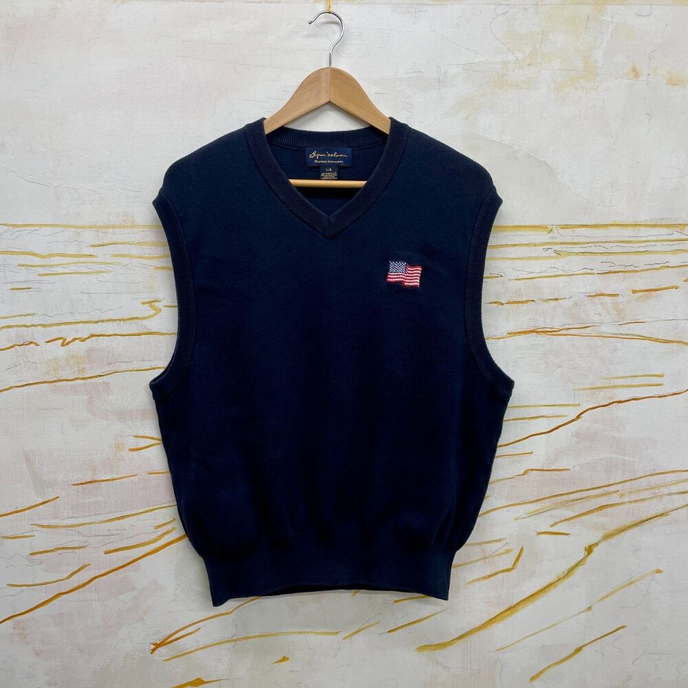 Vintage Sweater Vest Navy Mens Large Byron Nelson Patriotic American Flag USA L